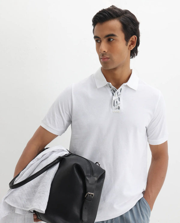 Rare Rabbit Men's Ark White Cotton Fabric Short Sleeve Button Closure Regular Fit Plain Polo T-Shirt
