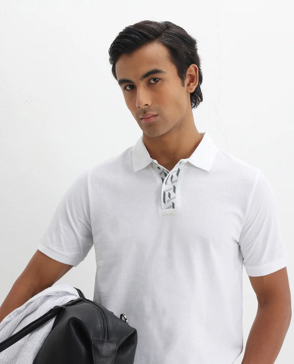 Rare Rabbit Men's Ark White Cotton Fabric Short Sleeve Button Closure Regular Fit Plain Polo T-Shirt