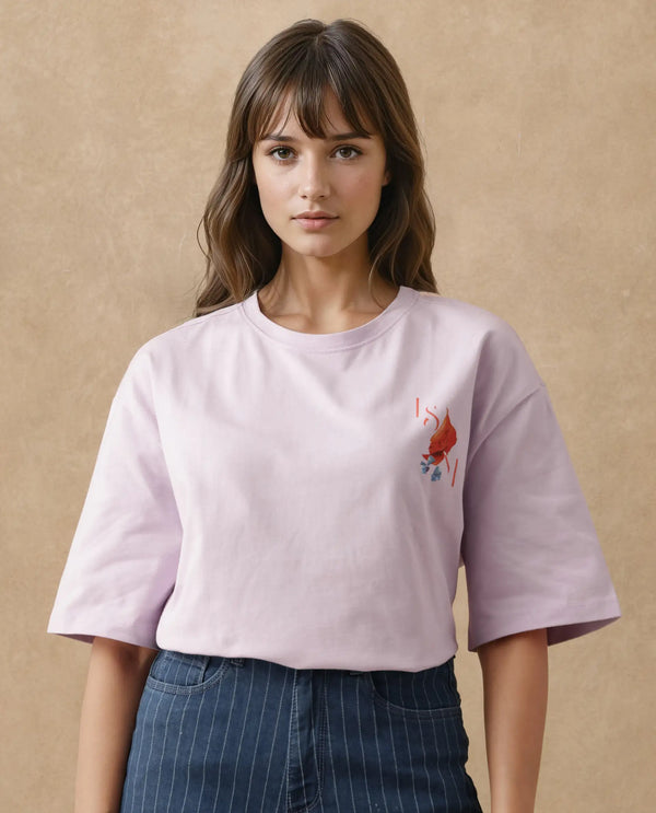 Rareism Women Arlene Pastel Purple Cotton Fabric Short Sleeve Crew Neck Solid T-Shirt