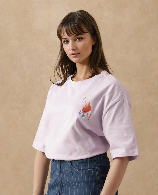 Rareism Women Arlene Pastel Purple Cotton Fabric Short Sleeve Crew Neck Solid T-Shirt