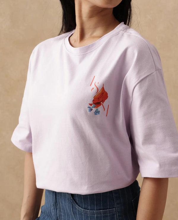 Rareism Women Arlene Pastel Purple Cotton Fabric Short Sleeve Crew Neck Solid T-Shirt
