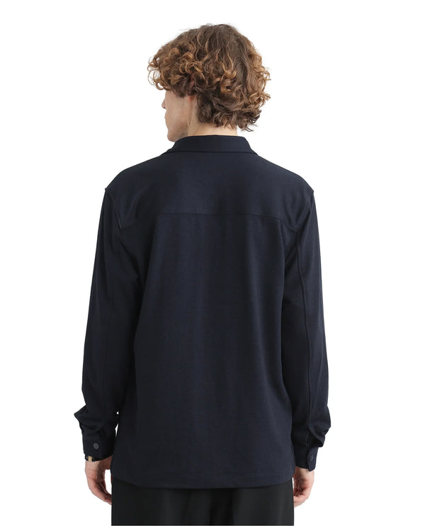 Rare Rabbit Men Arlington Dark Navy Poly Rayon Fabric Full Sleeve Regular Collar Snap Button Closure Solid Shacket