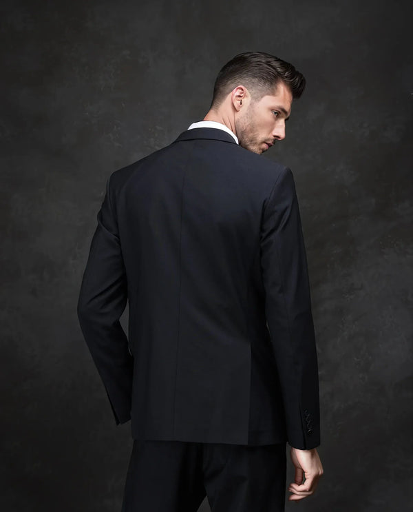 Rare Rabbit Men Arlo-B Black Wool Lapel Neck Button And Zip Closure Plain Suits