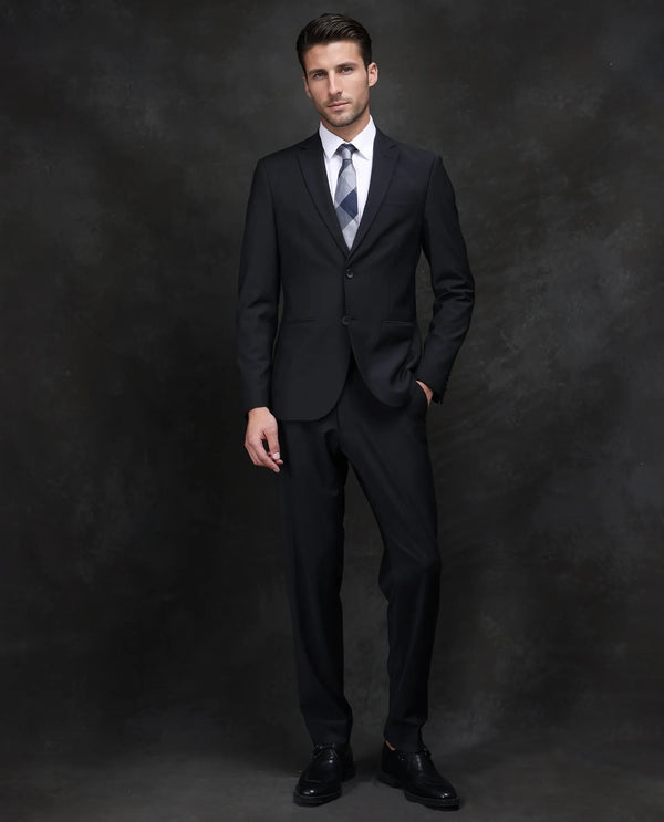 Rare Rabbit Men Arlo-B Black Wool Lapel Neck Button And Zip Closure Plain Suits