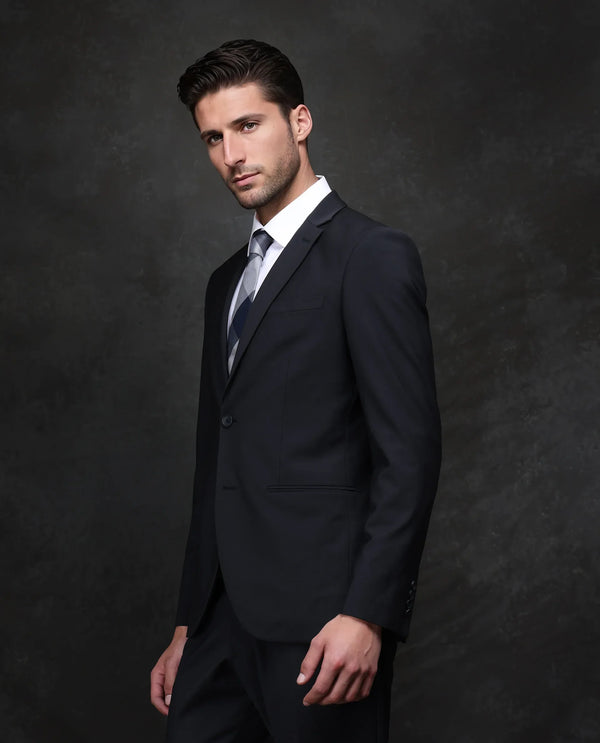 Rare Rabbit Men Arlo-B Black Wool Lapel Neck Button And Zip Closure Plain Suits