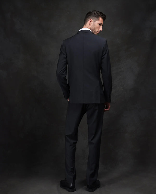 Rare Rabbit Men Arlo-B Black Wool Lapel Neck Button And Zip Closure Plain Suits