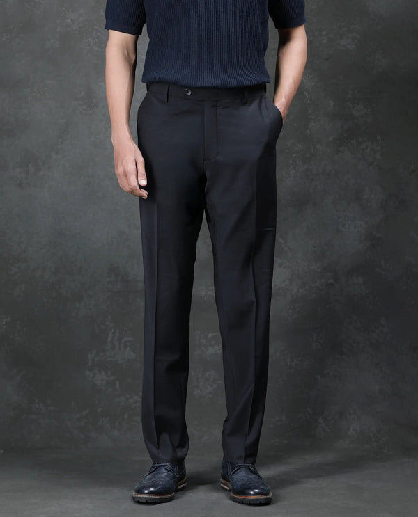 Rare Rabbit Men's Arlo Black Wool Button And Zip Closure Regular Fit Plain Trouser