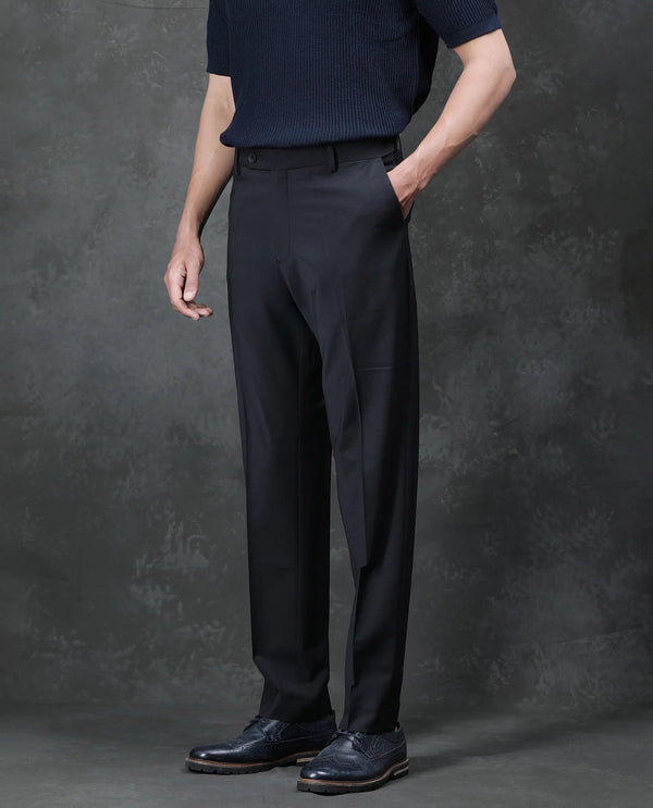 Rare Rabbit Men's Arlo Black Wool Button And Zip Closure Regular Fit Plain Trouser