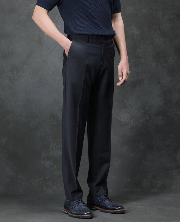 Rare Rabbit Men's Arlo Black Wool Button And Zip Closure Regular Fit Plain Trouser