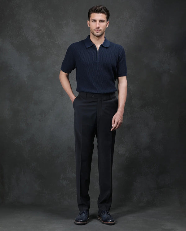Rare Rabbit Men's Arlo Black Wool Button And Zip Closure Regular Fit Plain Trouser