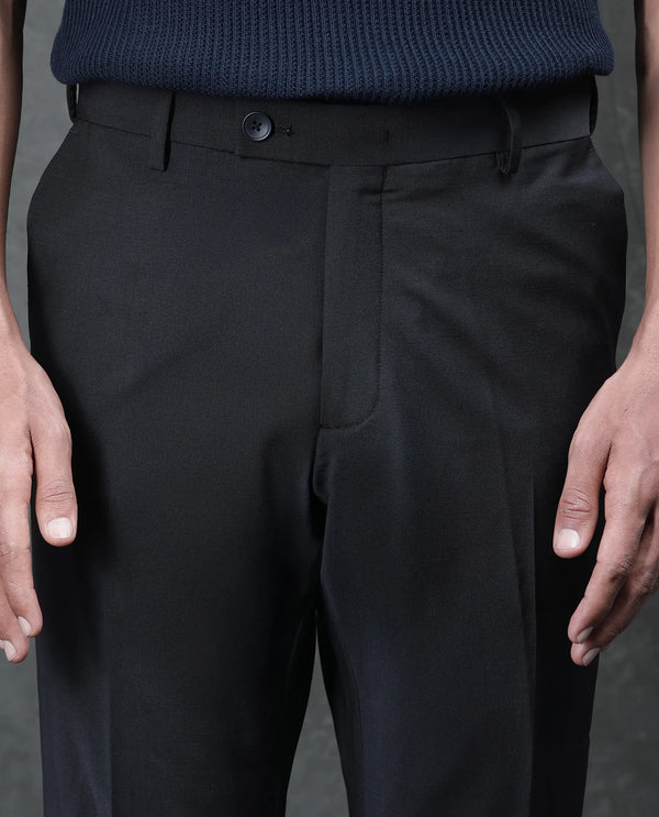 Rare Rabbit Men's Arlo Black Wool Button And Zip Closure Regular Fit Plain Trouser