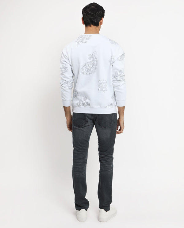 Rare Rabbit Men's Arloo White Cotton Polyester Fabric Full Sleeves Paisley Print Knitted Sweatshirt