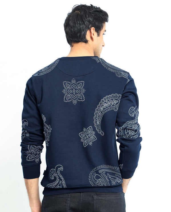 Rare Rabbit Men's Arloo Navy Cotton Polyester Fabric Full Sleeves Paisley Print Knitted Sweatshirt