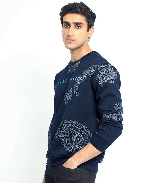 Rare Rabbit Men's Arloo Navy Cotton Polyester Fabric Full Sleeves Paisley Print Knitted Sweatshirt