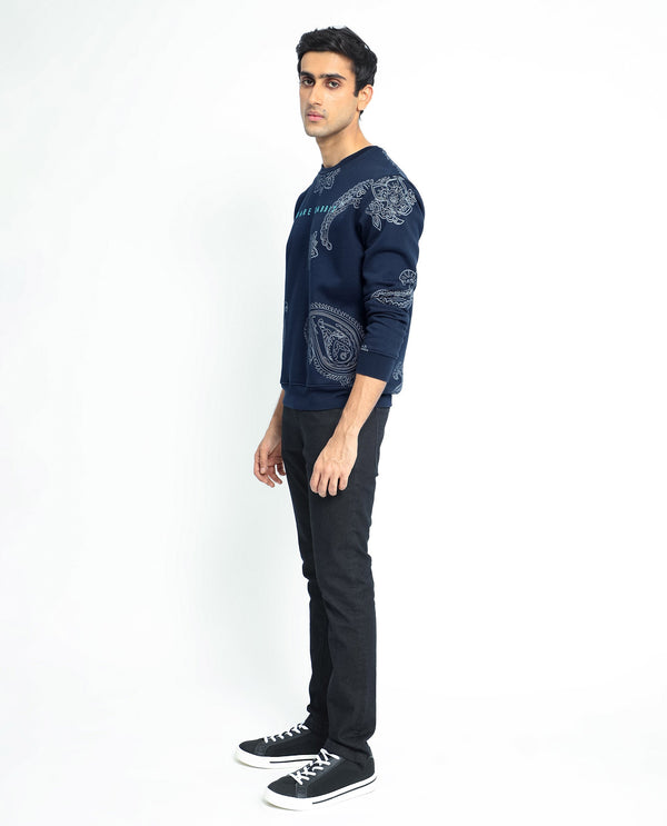 Rare Rabbit Men's Arloo Navy Cotton Polyester Fabric Full Sleeves Paisley Print Knitted Sweatshirt