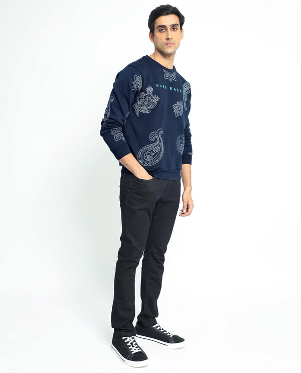 Rare Rabbit Men's Arloo Navy Cotton Polyester Fabric Full Sleeves Paisley Print Knitted Sweatshirt