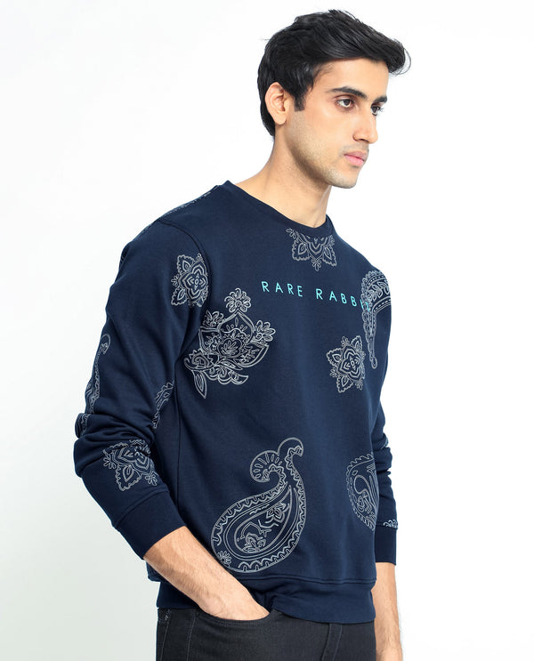 Rare Rabbit Men's Arloo Navy Cotton Polyester Fabric Full Sleeves Paisley Print Knitted Sweatshirt