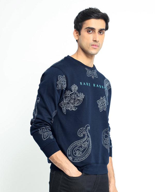 Rare Rabbit Men's Arloo Navy Cotton Polyester Fabric Full Sleeves Paisley Print Knitted Sweatshirt