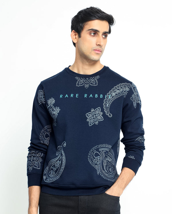 Rare Rabbit Men's Arloo Navy Cotton Polyester Fabric Full Sleeves Paisley Print Knitted Sweatshirt
