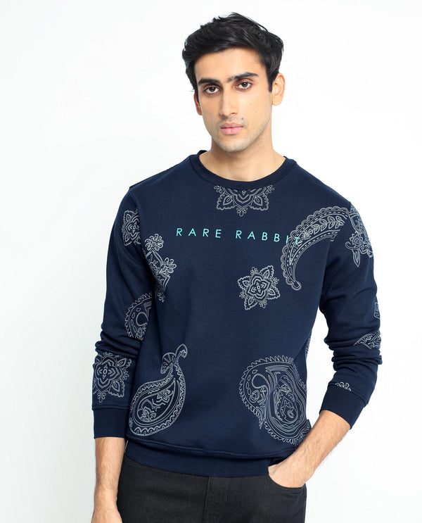 Rare Rabbit Men's Arloo Navy Cotton Polyester Fabric Full Sleeves Paisley Print Knitted Sweatshirt