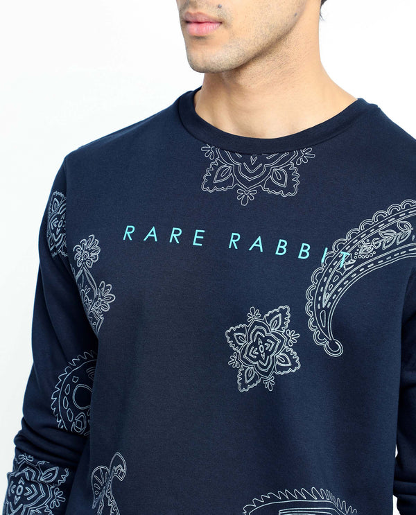 Rare Rabbit Men's Arloo Navy Cotton Polyester Fabric Full Sleeves Paisley Print Knitted Sweatshirt