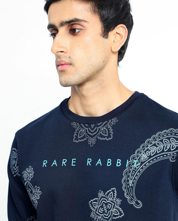 Rare Rabbit Men's Arloo Navy Cotton Polyester Fabric Full Sleeves Paisley Print Knitted Sweatshirt