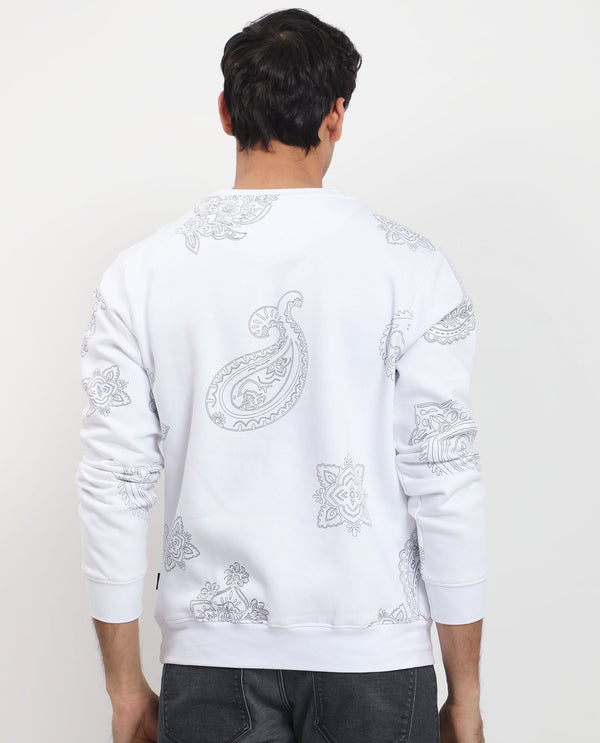 Rare Rabbit Men's Arloo White Cotton Polyester Fabric Full Sleeves Paisley Print Knitted Sweatshirt