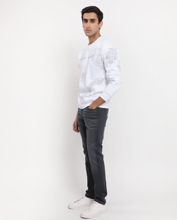 Rare Rabbit Men's Arloo White Cotton Polyester Fabric Full Sleeves Paisley Print Knitted Sweatshirt