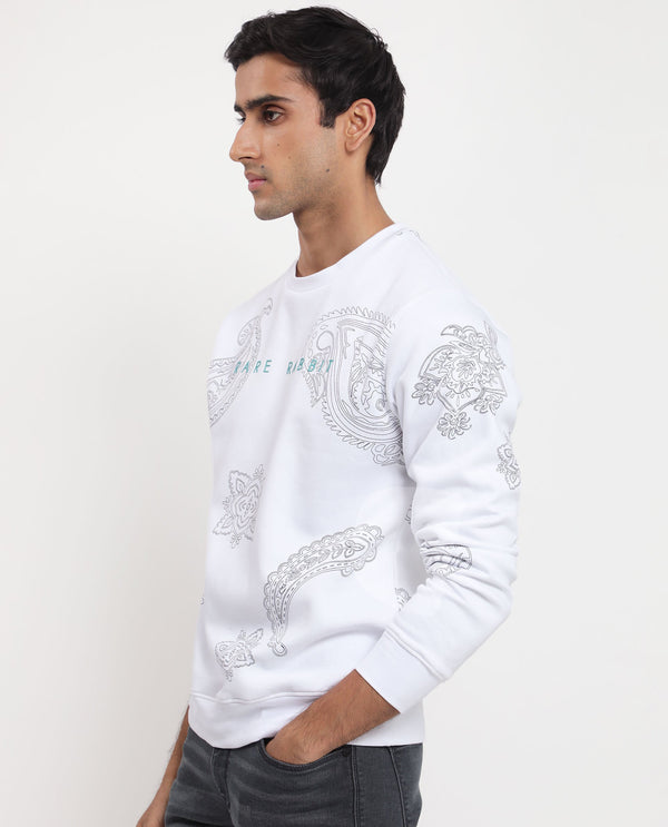 Rare Rabbit Men's Arloo White Cotton Polyester Fabric Full Sleeves Paisley Print Knitted Sweatshirt