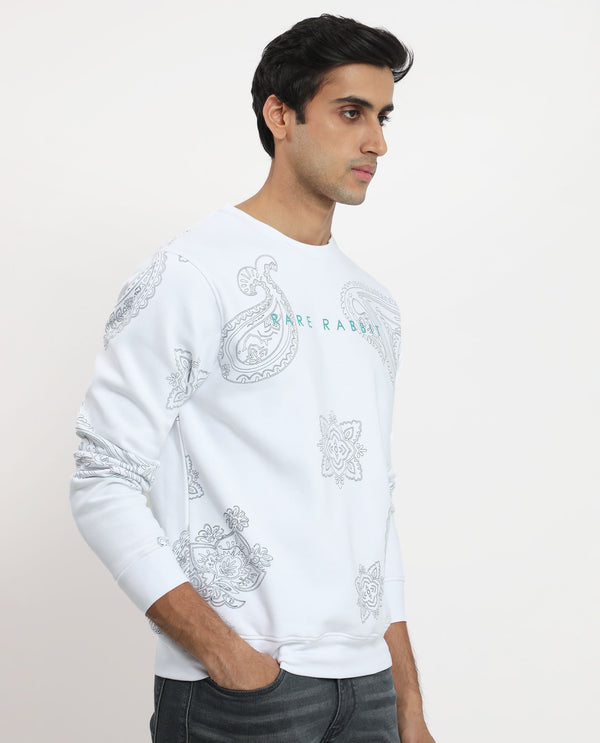 Rare Rabbit Men's Arloo White Cotton Polyester Fabric Full Sleeves Paisley Print Knitted Sweatshirt
