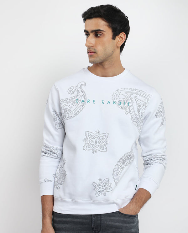 Rare Rabbit Men's Arloo White Cotton Polyester Fabric Full Sleeves Paisley Print Knitted Sweatshirt