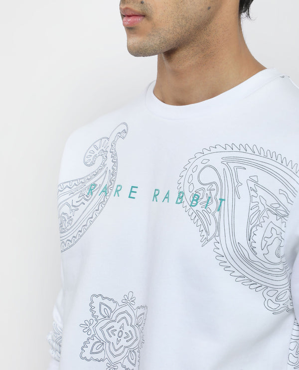 Rare Rabbit Men's Arloo White Cotton Polyester Fabric Full Sleeves Paisley Print Knitted Sweatshirt