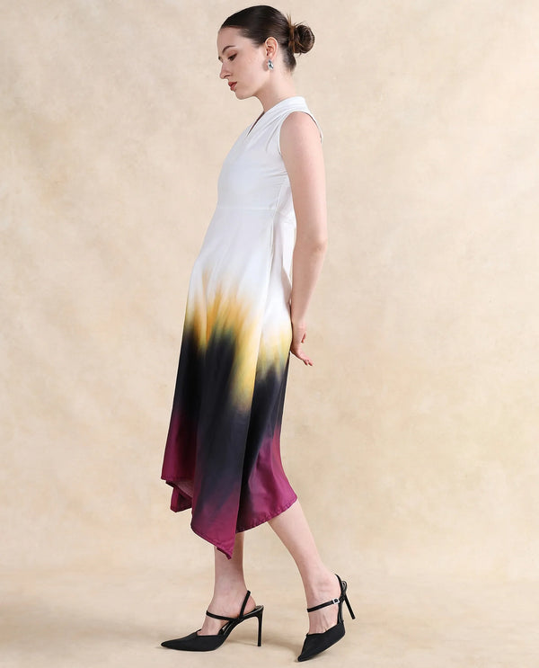 Rareism Women Armenian Multi Satin Sleeveless V-Neck Button Closure Flared Midi Ombre Print Dress