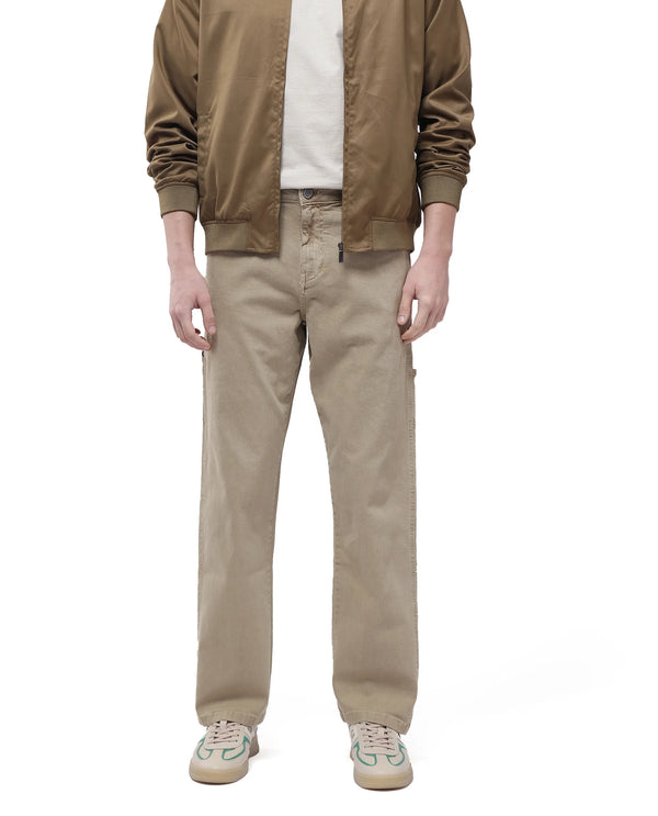 Rare Rabbit Men Arni Khaki Cotton Viscose Garment Dyed Fabric Carpenter Fit Plain Denim Pant