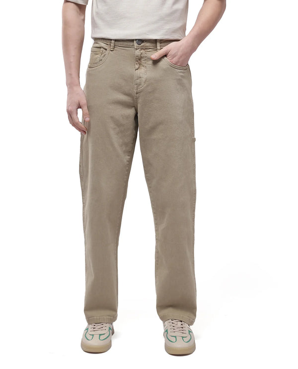 Rare Rabbit Men Arni Khaki Cotton Viscose Garment Dyed Fabric Carpenter Fit Plain Denim Pant