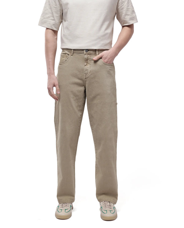 Rare Rabbit Men Arni Khaki Cotton Viscose Garment Dyed Fabric Carpenter Fit Plain Denim Pant