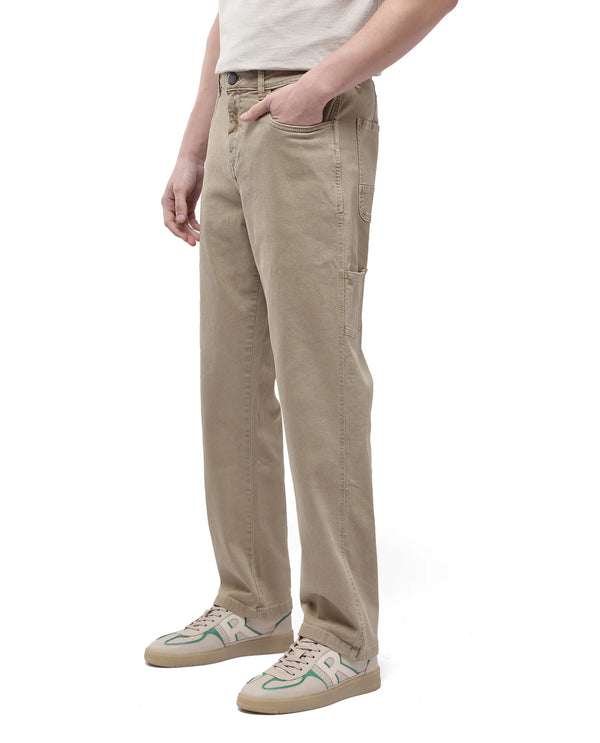 Rare Rabbit Men Arni Khaki Cotton Viscose Garment Dyed Fabric Carpenter Fit Plain Denim Pant