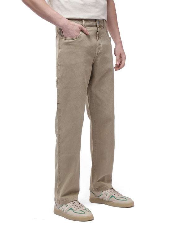 Rare Rabbit Men Arni Khaki Cotton Viscose Garment Dyed Fabric Carpenter Fit Plain Denim Pant