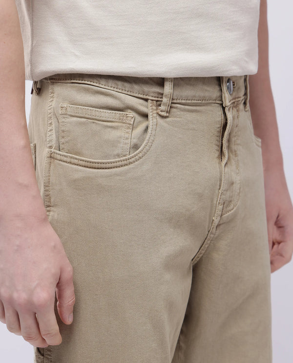 Rare Rabbit Men Arni Khaki Cotton Viscose Garment Dyed Fabric Carpenter Fit Plain Denim Pant
