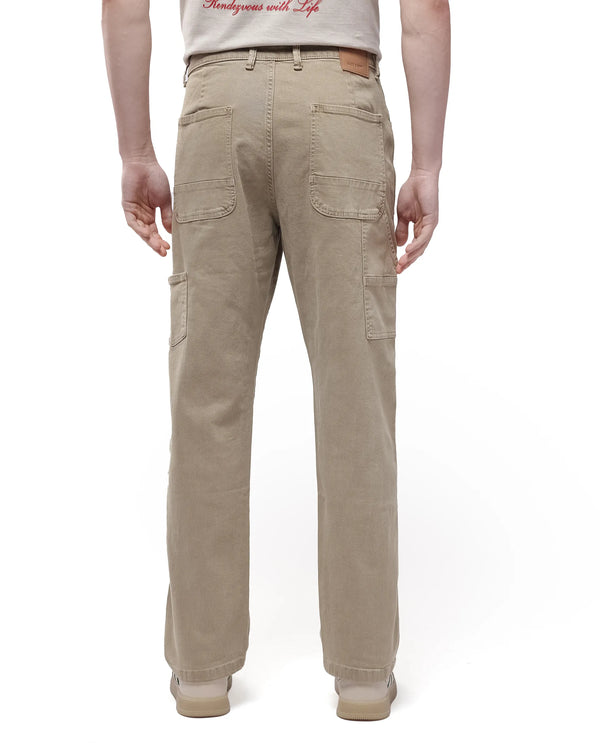 Rare Rabbit Men Arni Khaki Cotton Viscose Garment Dyed Fabric Carpenter Fit Plain Denim Pant