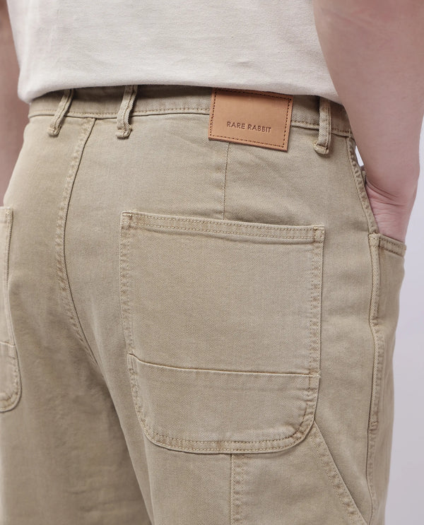 Rare Rabbit Men Arni Khaki Cotton Viscose Garment Dyed Fabric Carpenter Fit Plain Denim Pant