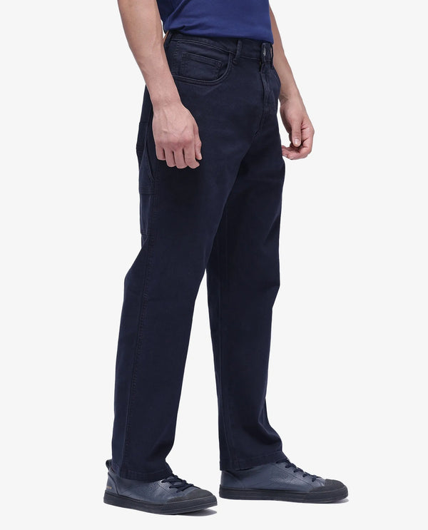 Rare Rabbit Men Arni Navy Cotton Viscose Garment Dyed Fabric Carpenter Fit Plain Denim Pant