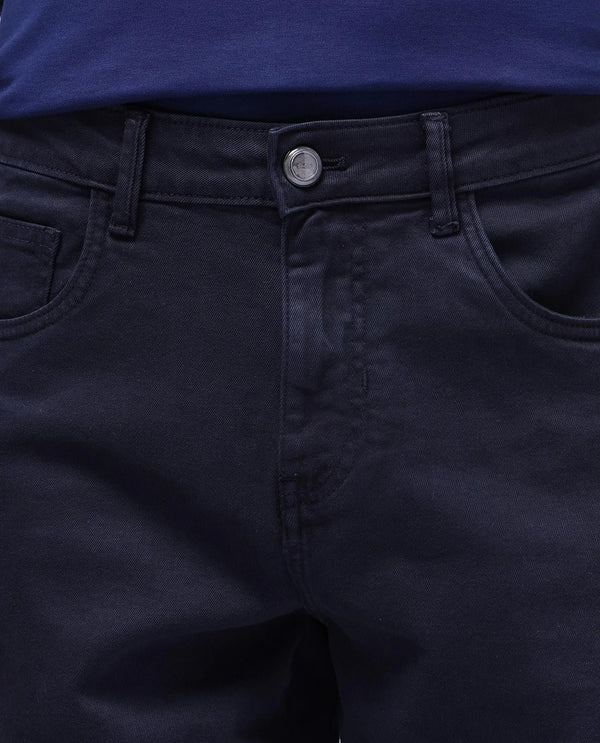 Rare Rabbit Men Arni Navy Cotton Viscose Garment Dyed Fabric Carpenter Fit Plain Denim Pant