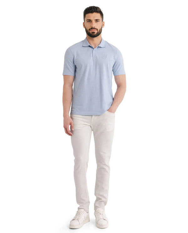 Rare Rabbit Men Aroe Pastel Blue Short Sleeve Collared Neck Plain Polo