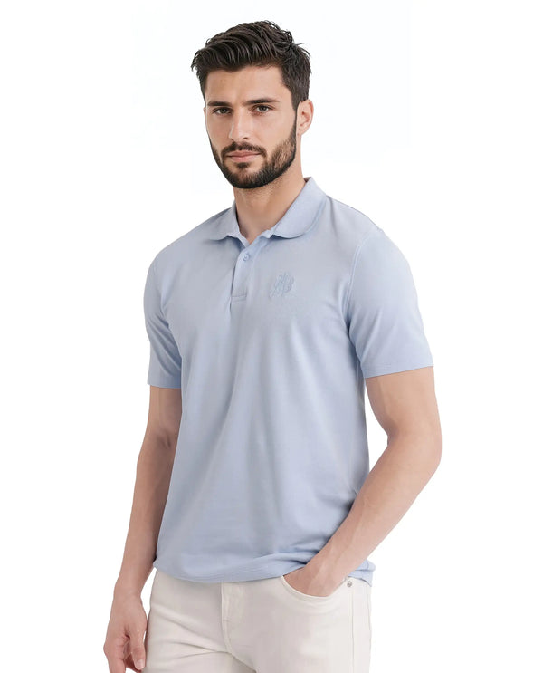 Rare Rabbit Men Aroe Pastel Blue Short Sleeve Collared Neck Plain Polo