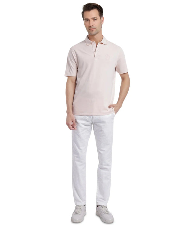 Rare Rabbit Men Aroe Pastel Peach Lycra Pique Fabric Short Sleeve Regular Collared Embroidered Logo Plain Polo