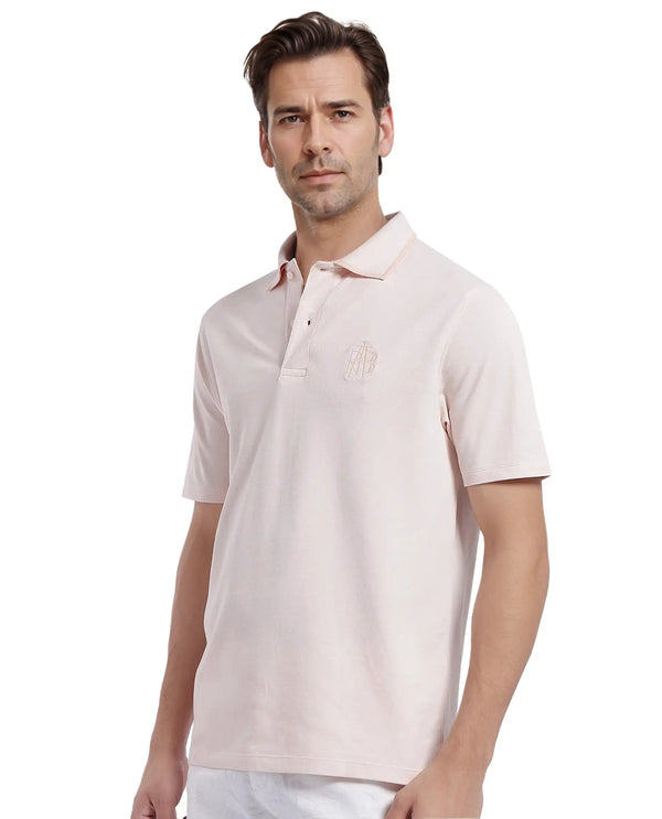 Rare Rabbit Men Aroe Pastel Peach Lycra Pique Fabric Short Sleeve Regular Collared Embroidered Logo Plain Polo