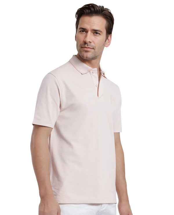 Rare Rabbit Men Aroe Pastel Peach Lycra Pique Fabric Short Sleeve Regular Collared Embroidered Logo Plain Polo