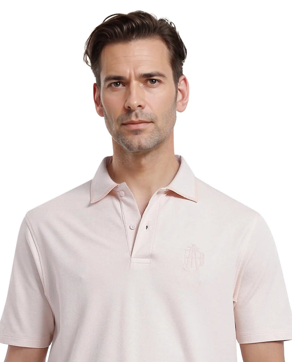Rare Rabbit Men Aroe Pastel Peach Lycra Pique Fabric Short Sleeve Regular Collared Embroidered Logo Plain Polo