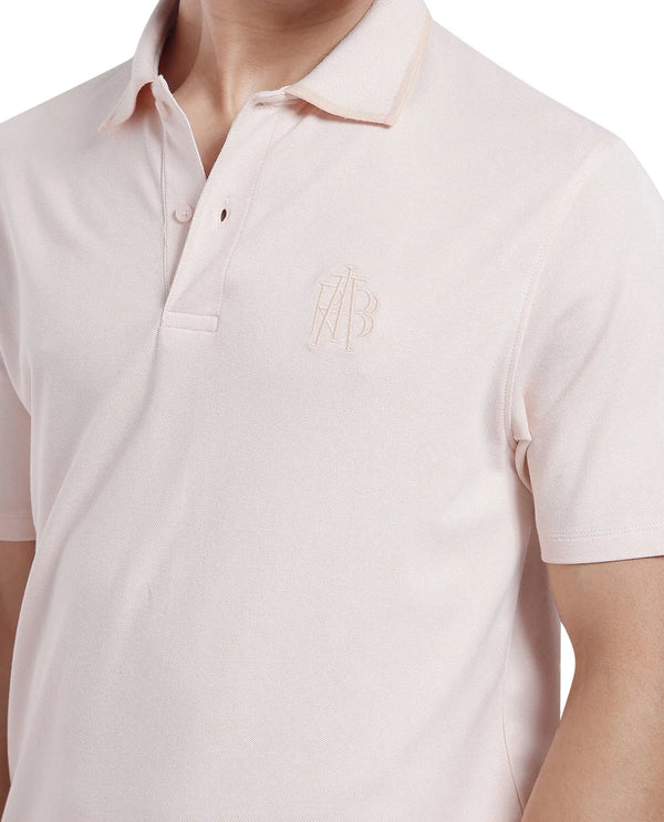 Rare Rabbit Men Aroe Pastel Peach Lycra Pique Fabric Short Sleeve Regular Collared Embroidered Logo Plain Polo